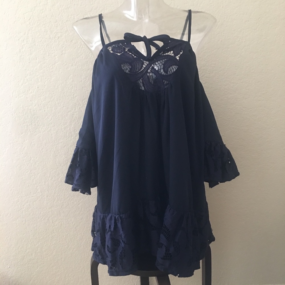 Flowy Cold Shoulder Blouse with Lace Trim